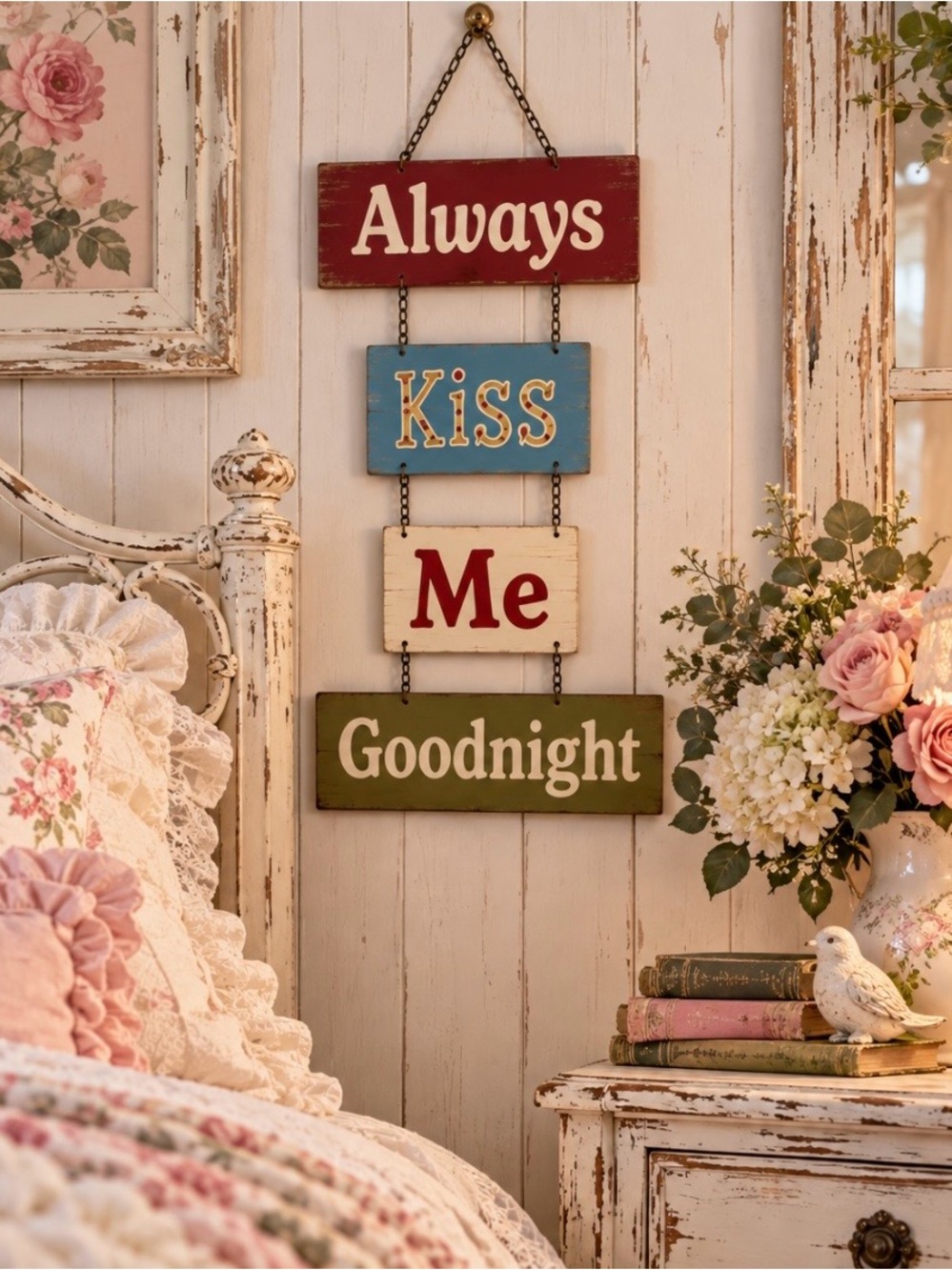 Vintage Always Kiss Me Goodnight Wood Wall Sign Cottage Decor
